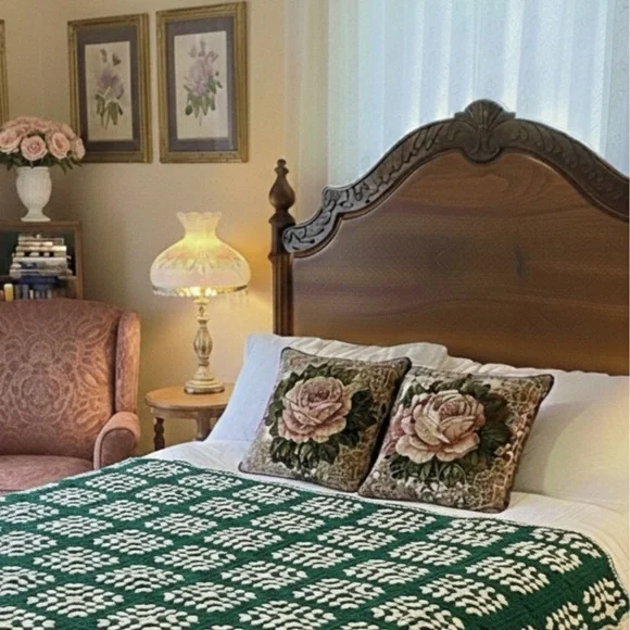 Vintage Granny Square Blanket Roseanne Crochet Patchwork Quilt 80s Green Ivory - Picture 13 of 13